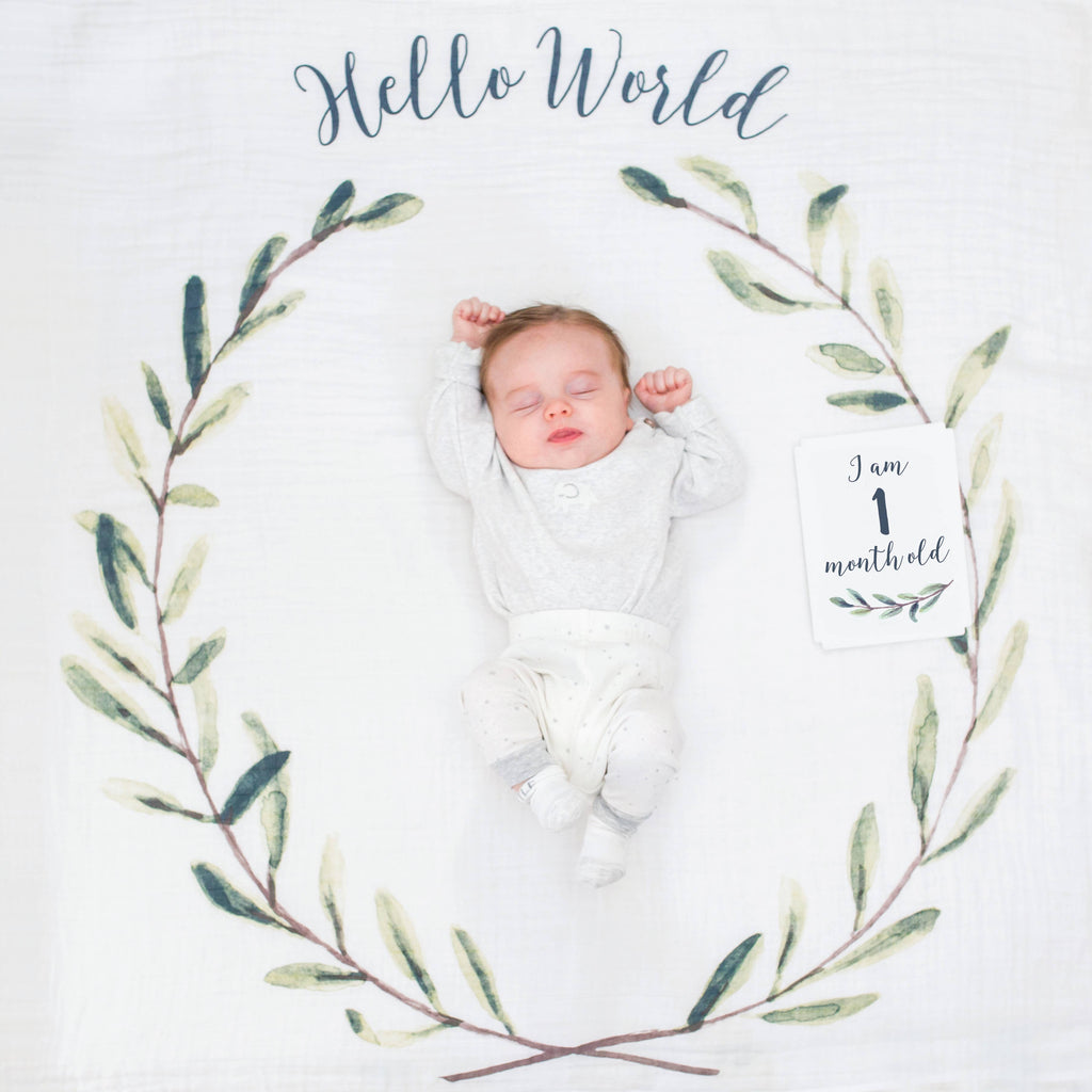 Baby’s 1st Year Swaddle & Milestone Card Gift Set- Hello!
