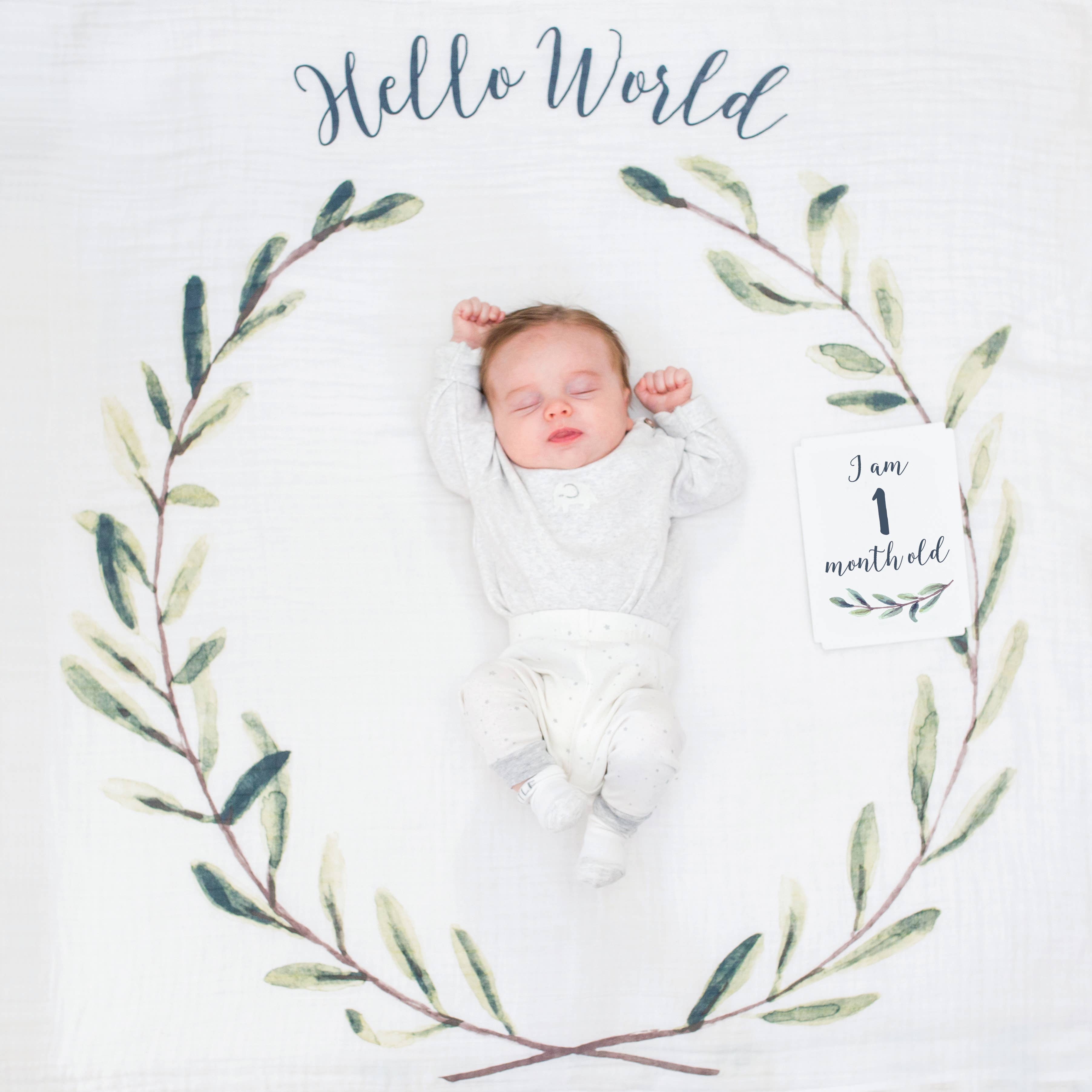 Baby’s 1st Year Swaddle & Milestone Card Gift Set- Hello!