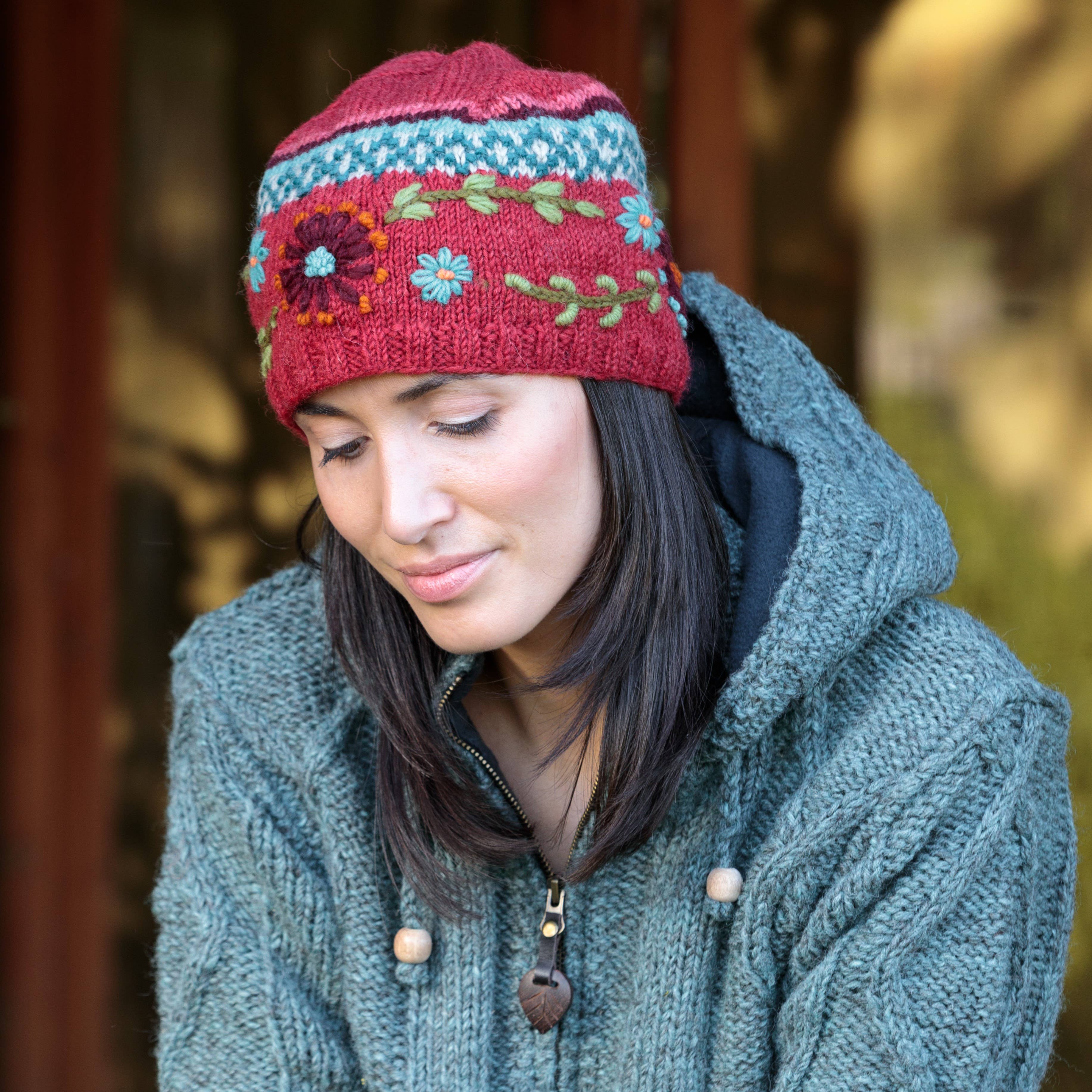 Abigail Hand Knit Wool Beanie Embroidered Hat
